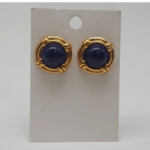 Vintage White Stag Blue Cabochon Nautical Pierced Earrings Gold Tone Studs - Picture 2 of 8